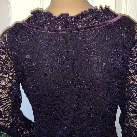 Vintage 90s royal purple stretch lace velvet ribbon square neck tunic top L - Picture 7 of 16